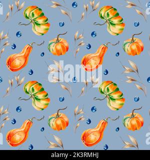 Kürbisse, Stachelett, Blaubeere Aquarell nahtloses Muster auf Blau. Buntes Herbstgemüse von Hand gezeichnet. Design für Verpackung, Textil, Hintergrund, fa Stockfoto