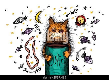 Eine Katze mit einer Tasse Kaffee. Becherdruck. Vektorgrafik Stock Vektor