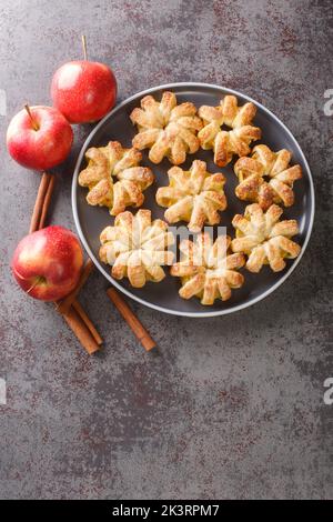 Apfelringe in Blätterteig mit Zucker und Zimt in einer Schüssel auf dem Tisch gebacken. Vertikale Draufsicht von oben Stockfoto