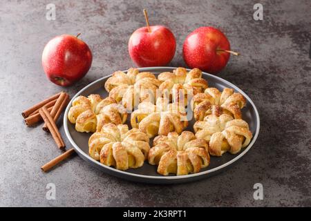 Dessertblume Apfelringe in Blätterteig mit Zucker und Zimt Nahaufnahme in einem Teller auf dem Tisch. Horizontal Stockfoto