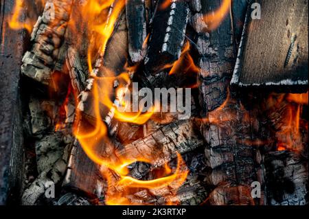 Brennendes Holz in einem Kamin. Nahaufnahme. Brennholz zum Grillen anzünden. Stockfoto