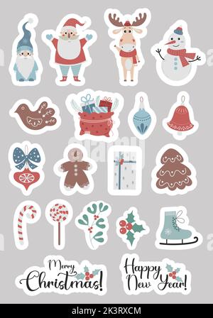 Weihnachtssticker. Sammlung Neujahrsdekor, Cartoon Weihnachtsmann, Gnome, Schneemann, Elch, Weihnachtsgeschenke und Lebkuchen, Weihnachtsspielzeug und Skate Stock Vektor