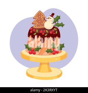 Niedlicher Weihnachtskuchen mit Beeren, einem Lebkuchenbaum und einem Schneemann auf der Oberseite. Weihnachts-Bonbons-Kollektion. Vektorgrafik. Stock Vektor