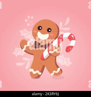 Lustiger Lebkuchenmann, der einen weihnachtsbonbons hält. Weihnachts-Bonbons-Kollektion. Cartoon-Vektorgrafik. Stock Vektor