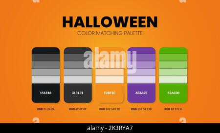 Halloween-Thema Farbpaletten oder Farbschemen sind Trends Kombinationen und Palette Führer in diesem Jahr, eine Tabelle Farbtöne in RGB oder HEX. Ein Farb-swat Stock Vektor