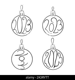 Neujahr und Weihnachtskugeln mit 2023 Schriftzügen innen. Handgezeichnete Kritzelsammlung. Vektorgrafik. Stock Vektor