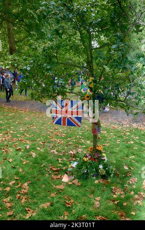 Die britische Flagge der Union Jack hängt an einem Baum unter den Blumengelobten an Königin Elizabeth II. Nach ihrem Tod im Grene Park. Stockfoto
