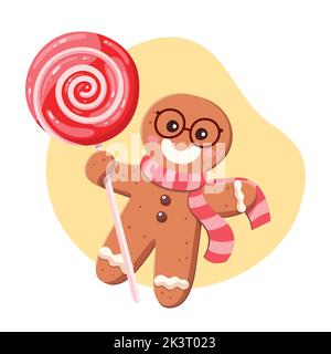 Lustiger Lebkuchenmann mit Brille und Schal, der einen Lutscher hält. Weihnachts-Bonbons-Kollektion. Cartoon-Vektorgrafik. Stock Vektor
