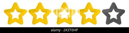 Vier süße 3D Sterne von 5, Bewertungsbalken. 4 goldene Sterne-Symbol für Rezensionsprodukt, Internet-Website und mobile Anwendung auf weißem Hintergrund Stock Vektor