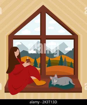 Eine Frau mit Decke sitzt auf dem Fensterbrett Stock Vektor