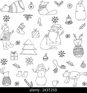 Vektorgrafik handgezeichneter Doodle. Silvester mit Waldtieren und Stier. Schwarze Silhouette für Malvorlagen, Webdesign, Logo, Aufkleber Stock Vektor