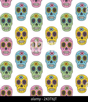 Vektor nahtloses Muster von farbigen handgezeichneten Doodle Skizze mexikanischen Zucker Schädel isoliert auf weißem Hintergrund Stock Vektor