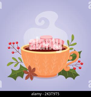 Drei Süße Marshallows, die in einer warmen Kaffeetasse baden. Freundschaftskonzept. Weihnachts-Bonbons-Kollektion. Cartoon-Vektorgrafik. Stock Vektor