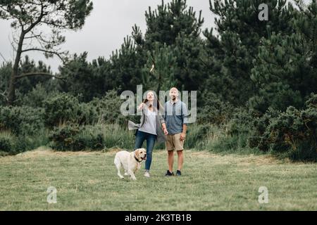 Paar Mann und Frau Training liebenswert aktiven Labrador Retriever werfen einen Stock Stockfoto