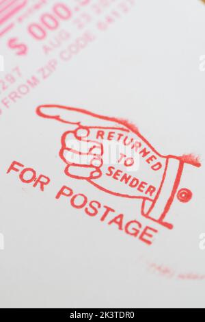 American kehrte zum Absender Stempel auf einem Brief zurück Stockfoto