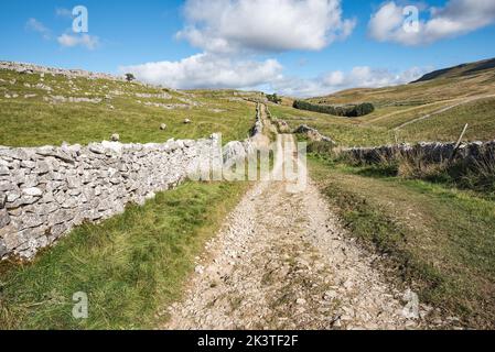 Die Horton Scar Lane, eine Zufahrtsstraße, die von Horton in Ribblesdale hinauf führt, trifft auf den Pennine Way (oben rechts abbiegen), der nach Pen y ghent führt. Stockfoto