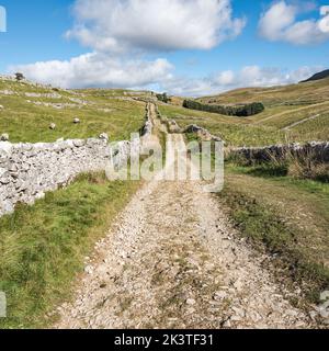 Die Horton Scar Lane, eine Zufahrtsstraße, die von Horton in Ribblesdale hinauf führt, trifft auf den Pennine Way (oben rechts abbiegen), der nach Pen y ghent führt. Stockfoto