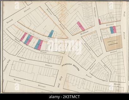 Karte und Plan der geplanten Erweiterung und Erweiterung von William Strt von der Maiden Lane zur Broad Street, die die Situation des von John R. Pitkin beworbenen Eigentums zeigt, das am Mittwoch, den 7. Jany., 1835 um 12 Uhr bei der Auktion bei den Merchs verkauft werden soll. Austausch von James Bleecker & Sons. Die oben erwähnte Eigenschaft kann durch die Lose gekennzeichnet werden, die farblich kartographisch sind. Katasterkarten, Karten. 1835. Lionel Pincus und Prinzessin Firyal Map Division. Vereinigte Staaten , New York (Bundesstaat) , New York, Grundbesitzer , New York (Bundesstaat) , New York, Immobilien , New York (Bundesstaat) , New York, Immobilien A Stockfoto