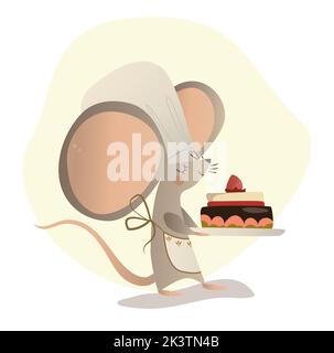 Nette Maus hält einen großen Kuchen. Schwarz-Weiß-Vektor zum Färben, für Karte oder Geschenk. Stockfoto