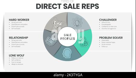Arten von Direct-Sale-VERTRETER Analyse Infografik Vorlage hat 5 Schritte zu analysieren, wie harte Arbeiter, Beziehung, einsamer Wolf, Herausforderer und Problem so Stock Vektor