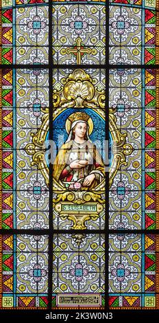 Wunderschöne Buntglasfenster mit religiösem Thema Stockfoto