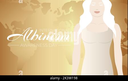 Gold International Albinism Awareness Day Illustration Design mit Weltkarte und Frau Stock Vektor