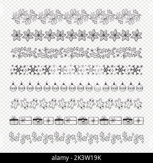Winter-Kollektion mit Blumenmuster und Zierbordüren. Nahtlose Umrandungen mit weihnachtlichen Zweigen, saisonalen Blumen und Objekten. Doodle isolierte Elemente. Vektorgrafik Stock Vektor