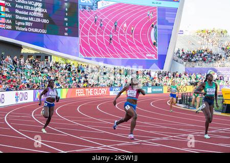 Victoria Ohuruogu, Lynna Irby und Rhasirat Adeleke im Halbfinale der Frauen 400m bei den Leichtathletik-Weltmeisterschaften, Hayward Field, Euge Stockfoto