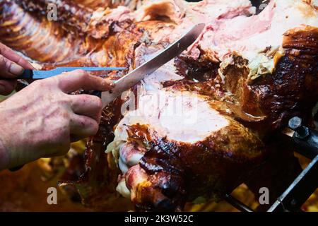 Der Koch schneidet das ganze gegrillte Schweinefleisch für Steaks mit einem Messer. Vom Schwein gegrillte traditionelle Kohle und Feuer. Das kleine Ferkel wird ganz auf einem offenen Feuer geröstet Stockfoto