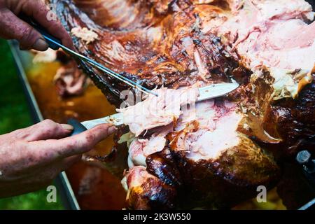 Der Koch schneidet das ganze gegrillte Schweinefleisch für Steaks mit einem Messer. Vom Schwein gegrillte traditionelle Kohle und Feuer. Das kleine Ferkel wird ganz auf einem offenen Feuer geröstet Stockfoto