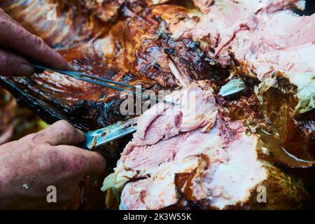 Der Koch schneidet das ganze gegrillte Schweinefleisch für Steaks mit einem Messer. Vom Schwein gegrillte traditionelle Kohle und Feuer. Das kleine Ferkel wird ganz auf einem offenen Feuer geröstet Stockfoto