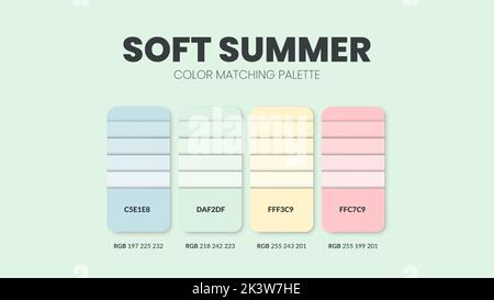 Weiche Sommer Farbe Führer Buch Karten Beispiele. Farbschemata oder Farbschemata Kollektion. Farbkombinationen in RGB oder HEX. Satz Trendfarben sw Stock Vektor