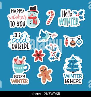 Niedliche Winter-Sticker-Kollektion. Handgezeichnete bunte Sticker mit winterlichen Ziersätzen und Elementen. Vektorgrafik. Set 1 von 2. Stock Vektor