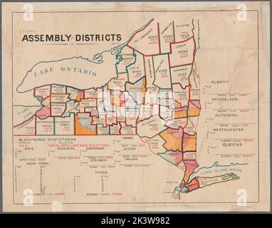 Versammlungsdistrikte: N.Y State N.Y. State Assembly Districts New York State Assembly Districts Karte der Versammlungsdistrikte des Staates New York mit der Anzahl der Bürger, Ausländer und der Gesamtstimme (bei den letzten Parlamentswahlen) der einzelnen Distrikte kartografisch. Karten. 1882. Lionel Pincus und Prinzessin Firyal Map Division. New York (Bundesstaat). Gesetzgeber. Versammlung , Wahlbezirke, Wahlbezirke , New York (Bundesstaat), New York (Bundesstaat) , Administrative und politische Abteilungen, New York (Bundesstaat) Stockfoto