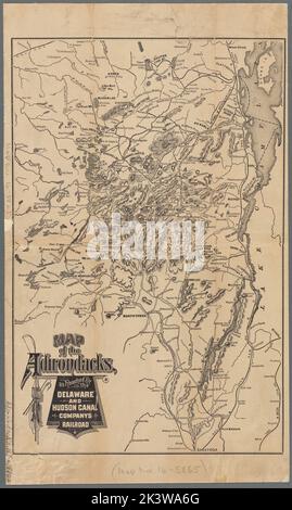 Karte der Adirondacks, wie sie von der Eisenbahnkarte der Delaware und Hudson Canal Companys zu erreichen ist. Karten. 1880. Lionel Pincus und Prinzessin Firyal Map Division. Delaware and Hudson Canal Company, Railroads , New York (Bundesstaat) , Adirondack Mountains (N.Y.), Adirondack Mountains (N.Y.) Stockfoto