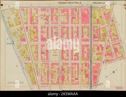 Hudson County, V. 1, Doppelseite Platte Nr. 2 Karte begrenzt durch Monmouth St., 2. St., Grove St., Morris Canal Kartographie. Atlanten, Karten. 1908 - 1909. Lionel Pincus und Princess Firyal Map Division. Jersey City (N.J.), Hudson County (N.J.) Stockfoto