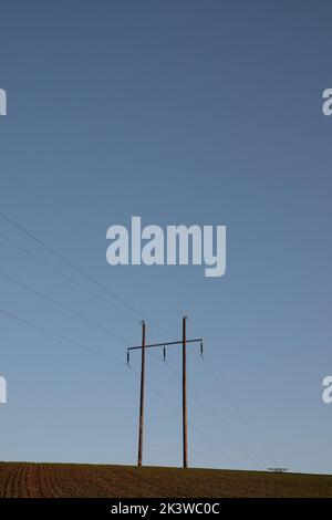 Eine vertikale Ansicht eines Telefonmastes in einem gepflügten Feld vor einem blauen Himmel Stockfoto