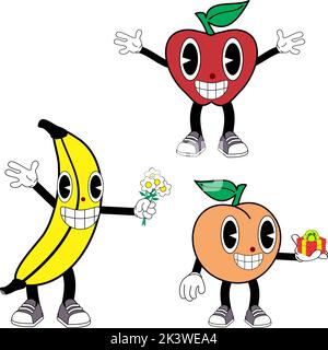 Früchte Cartoon alten Retro-Stil Cartoon-Pack im Vektorformat Stock Vektor