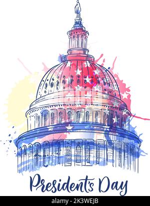 Happy Presidents Day Feiertagsdruck, Poster- oder Bannerdesign mit handgezeichneter Kalligraphie-Schrift. Washington State Capitol auf Aquarell USA Flagge Bac Stock Vektor