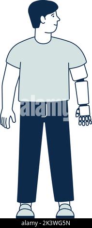 Lächelnder Mann mit prothetischem Arm. Lebensstil behinderter Menschen Stock Vektor