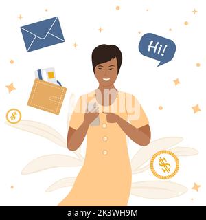 Vektor-Illustration Frau mit App für die Kommunikation, Zahlung auf dem Handy. Benachrichtigung über soziale Medien. Informationsfluss, Internetkommunikation via Stock Vektor