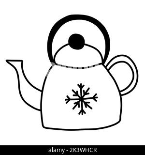 Handgezeichnete Teekannen mit Schneeflocke im Vektorformat für Web, Print oder Werbung. Stock Vektor