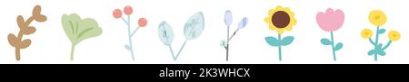 Cartoon Sammlung von Pflanzen. Niedliche Zweige und Blumen in flacher, handgezeichneter Form. Verschiedene Dekorelemente. Vektorgrafik Stock Vektor