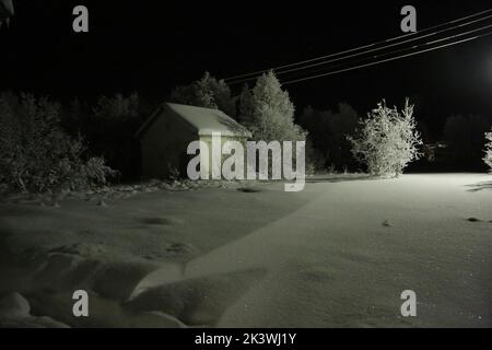 Eisbedeckte Bäume und kleiner Schuppen in der Nähe des Bahnhofs Pyayve auf dem nördlichsten Personenzug der Welt zwischen Murmansk und Nikel in der Polarnacht Stockfoto