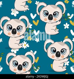 Nahtloses Muster mit niedlichen Koala Baby auf farbigem Hintergrund. Lustige australische Tiere. Karte, Postkarten für Kinder. Flache Vektorgrafik für Stoff Stock Vektor