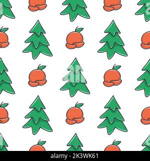 Weihnachtsbäume und Mandarinen Cartoon nahtlose Muster. Festlicher Neujahrshintergrund mit Tannenbaum. Drucken für digitales Papier, Tapete, Paket Stock Vektor