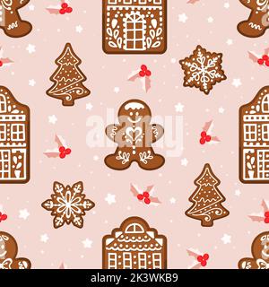 Nahtloses Muster mit Lebkuchenkekse auf rosa Hintergrund. Vektor Cartoon neues Jahr Keks Hintergrund. Flaches Design. Stock Vektor