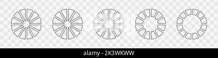 Skizzieren Sie Donut-Diagramme oder Torten, die auf 12 gleichen Teilen segmentiert sind. Satz von Infografik-Rädern in zwölf Abschnitte unterteilt. Kreisdiagramme oder Ladeleisten auf transparentem Hintergrund. Vektorgrafik Stock Vektor