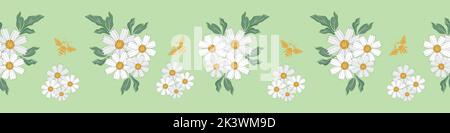 Kamille und Bienen nahtloser Vektorrand. Banner für Flora und Fauna mit bunten Kräuterblütenköpfen und Insekten auf grünem Hintergrund. Strichkunst Stock Vektor