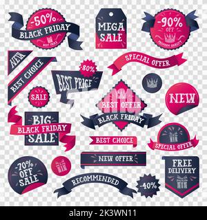 Black friday Labels Set. Schwarze und rote Tags, Bänder, Aufkleber, Abzeichen etc. Discoint, november Verkaufskonzept. Stock Vektor